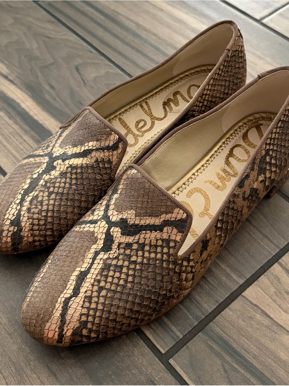 Sam Edelman Brown Snake-Print Loafers